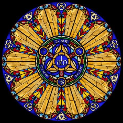 Stained glass window, circular design. Central triangle with 