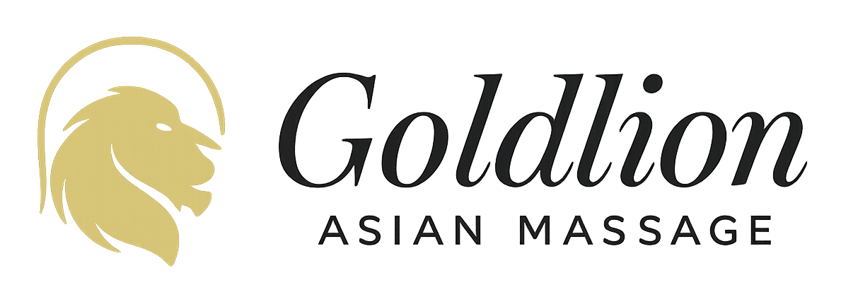 Logo for Goldlion Asian Massage: gold lion head with "Goldlion" text and "Asian Massage".