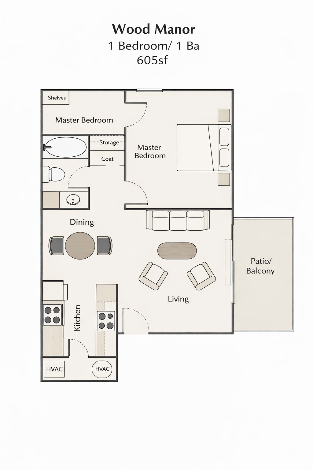Floor plan of a one-bedroom apartment with kitchen, living area, master bedroom, and patio.
