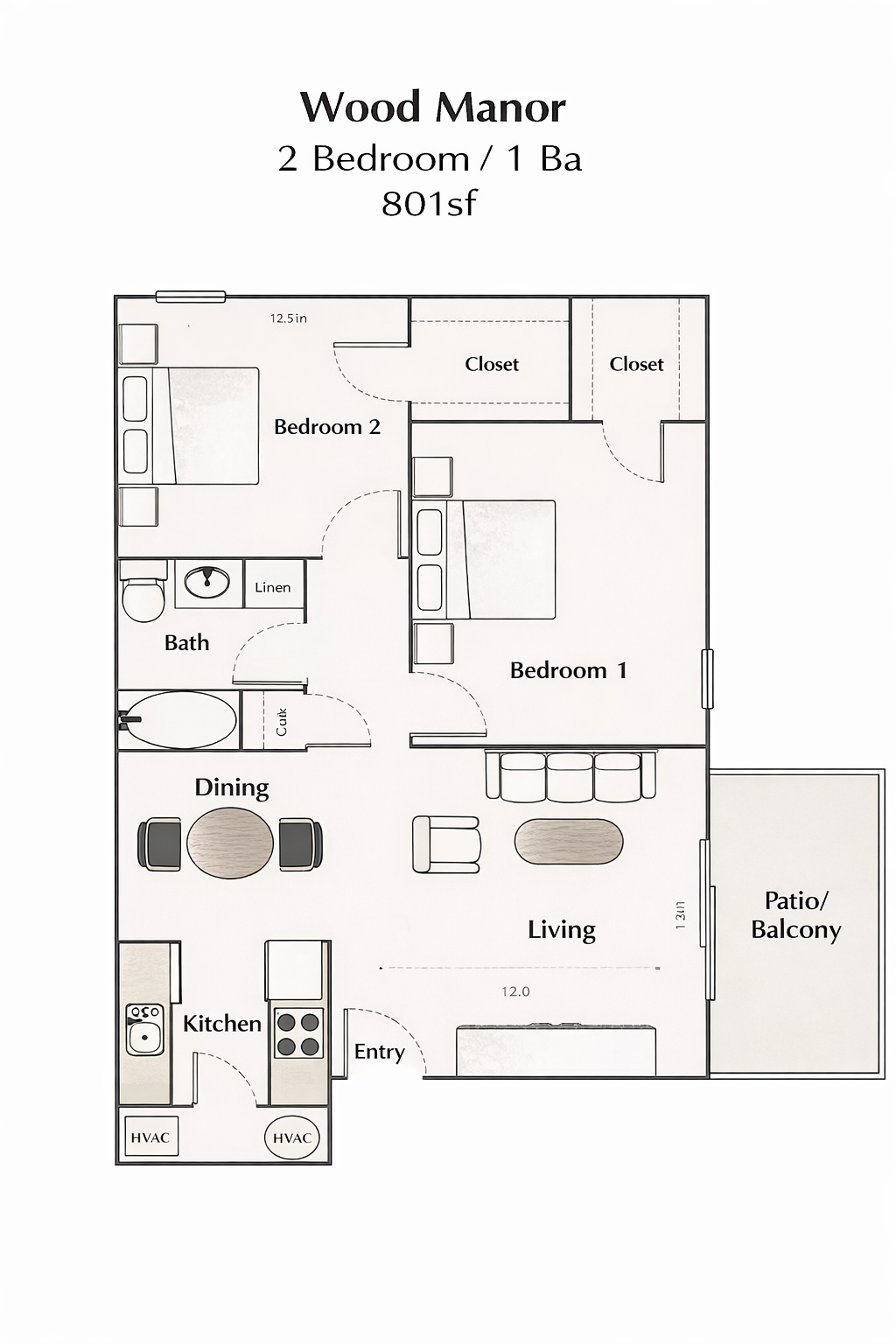 Floor plan of a 2-bedroom, 1-bath apartment at Wood Manor. Includes kitchen, dining, living room, and balcony.