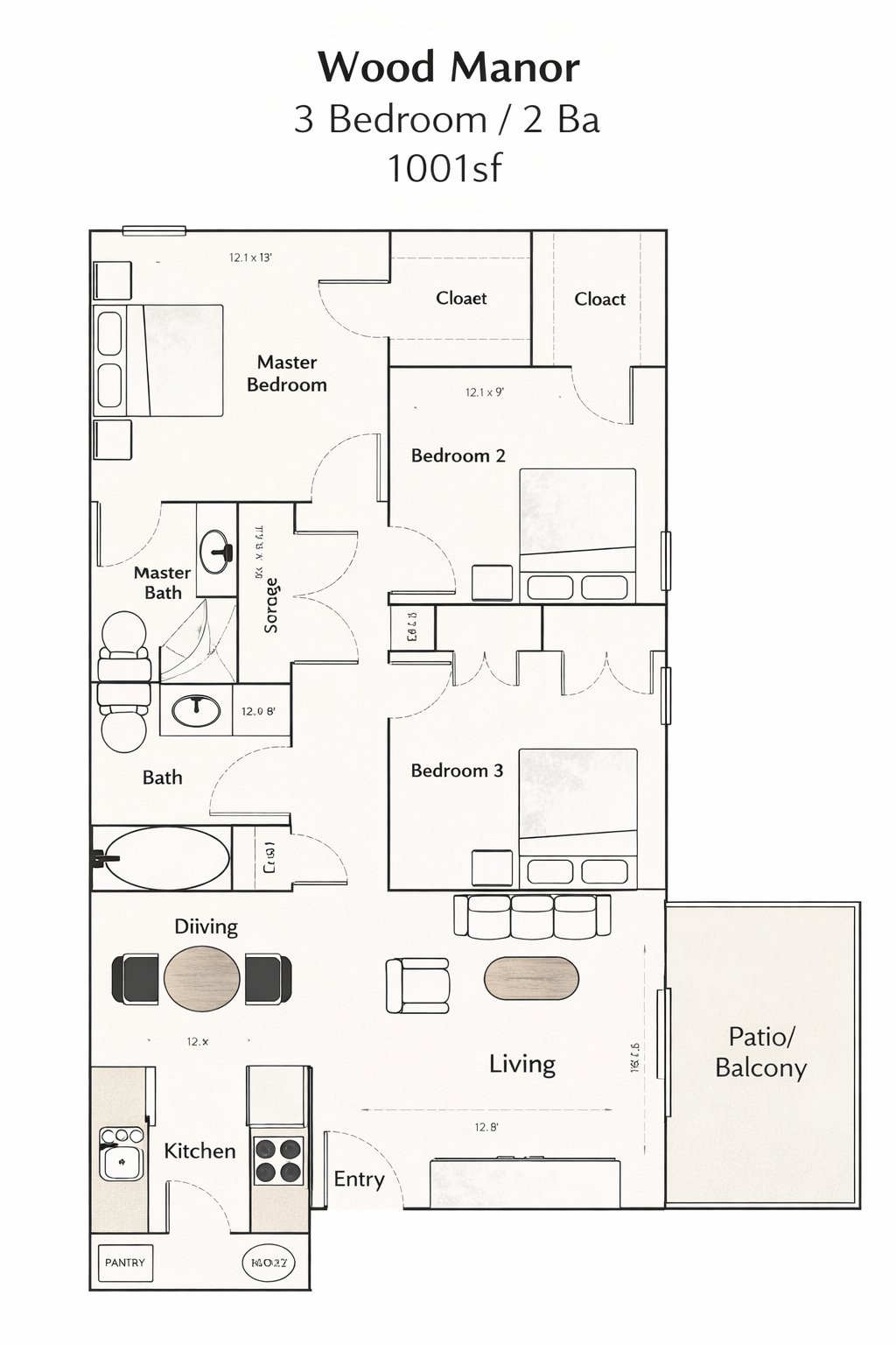 Floor plan of Wood Manor apartment, showing three bedrooms, two baths, and a balcony.