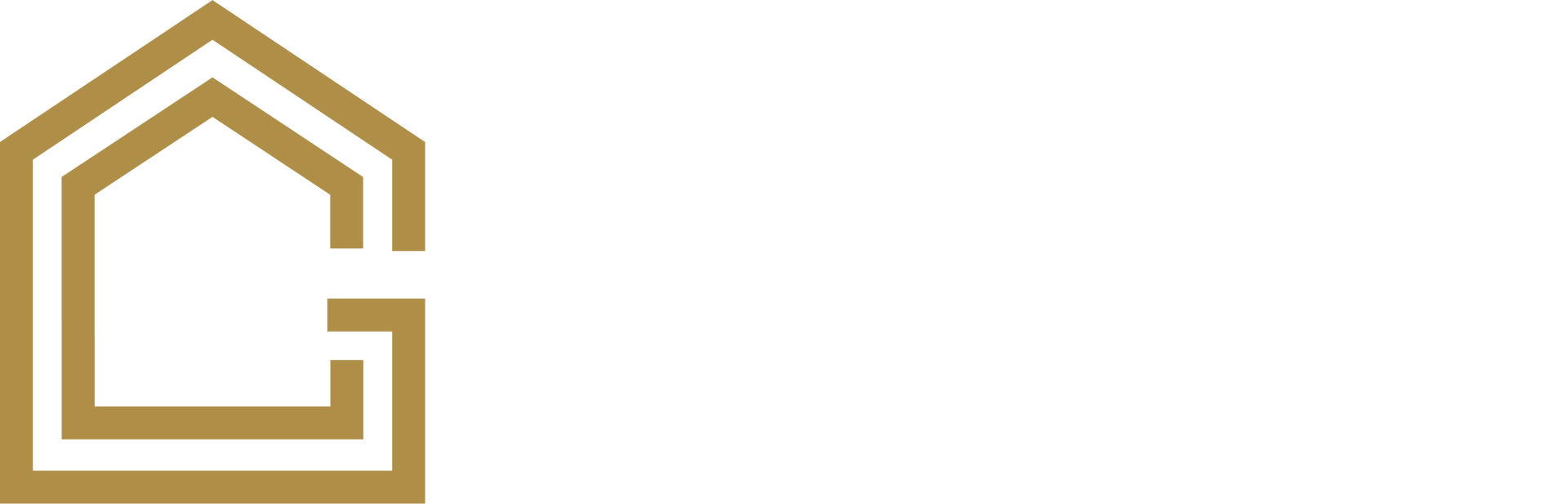 Gold-colored logo of a house outline combined with the letter 