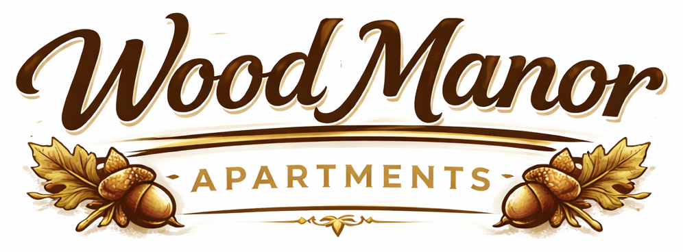 Wood Manor Apartments logo with acorns and oak leaves. Brown script font, gold accents.