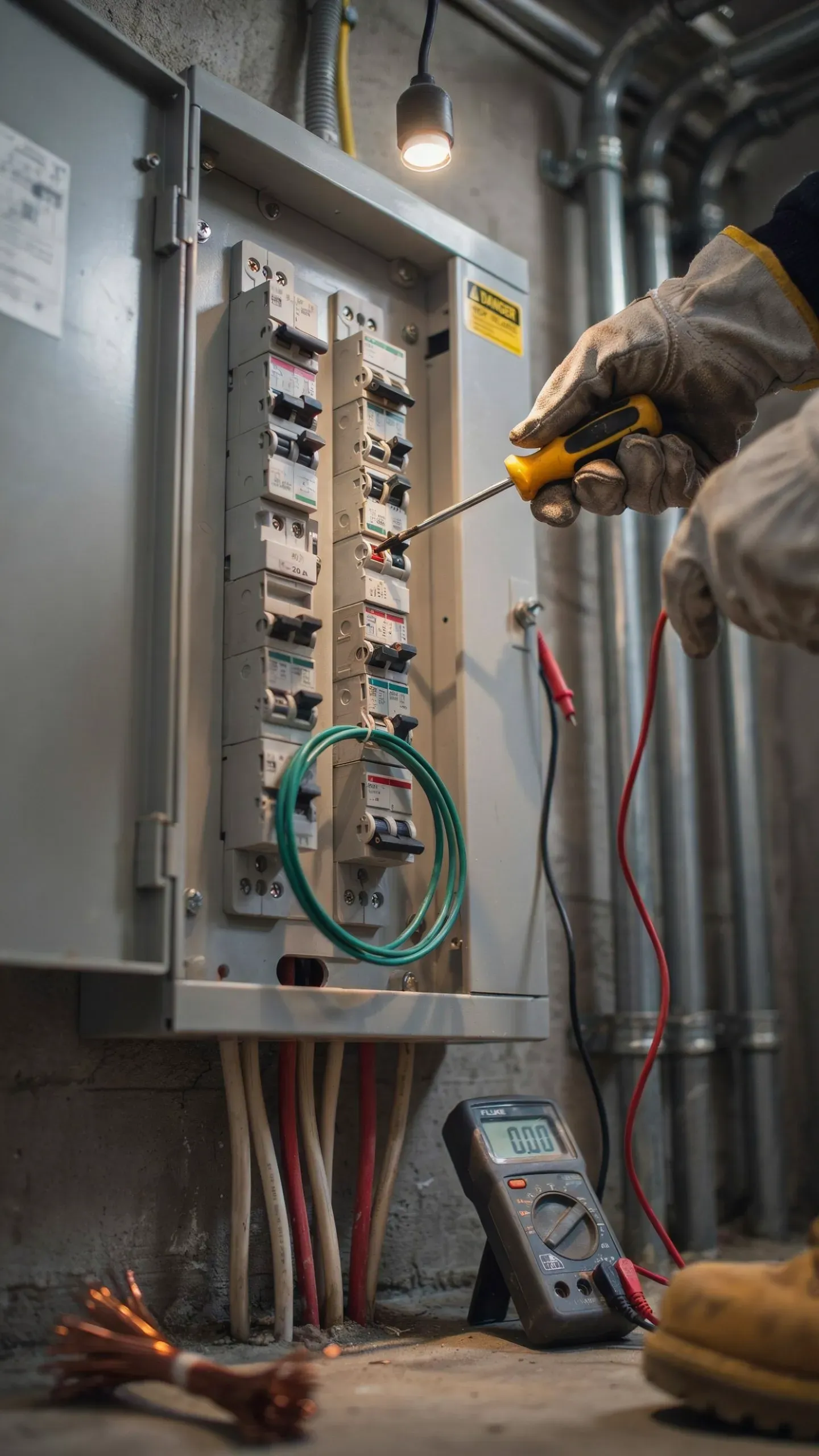 Electrician testing an open breaker panel with a multimeter in a utility room