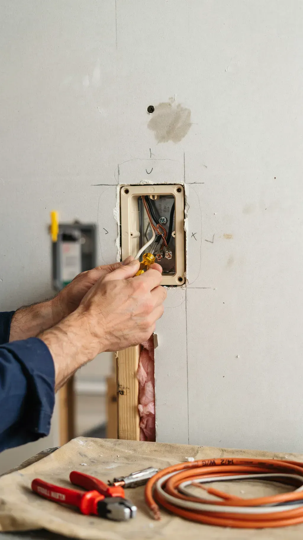 Hand wiring an electrical box in a wall, with tools and orange cable on a workbench.