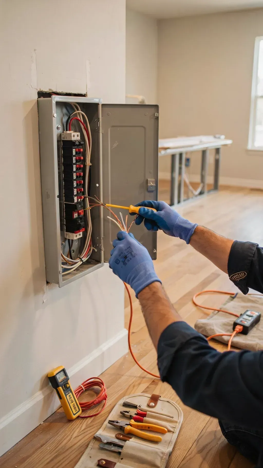 Electrician wiring an open breaker panel with tools on the floor in a bright room