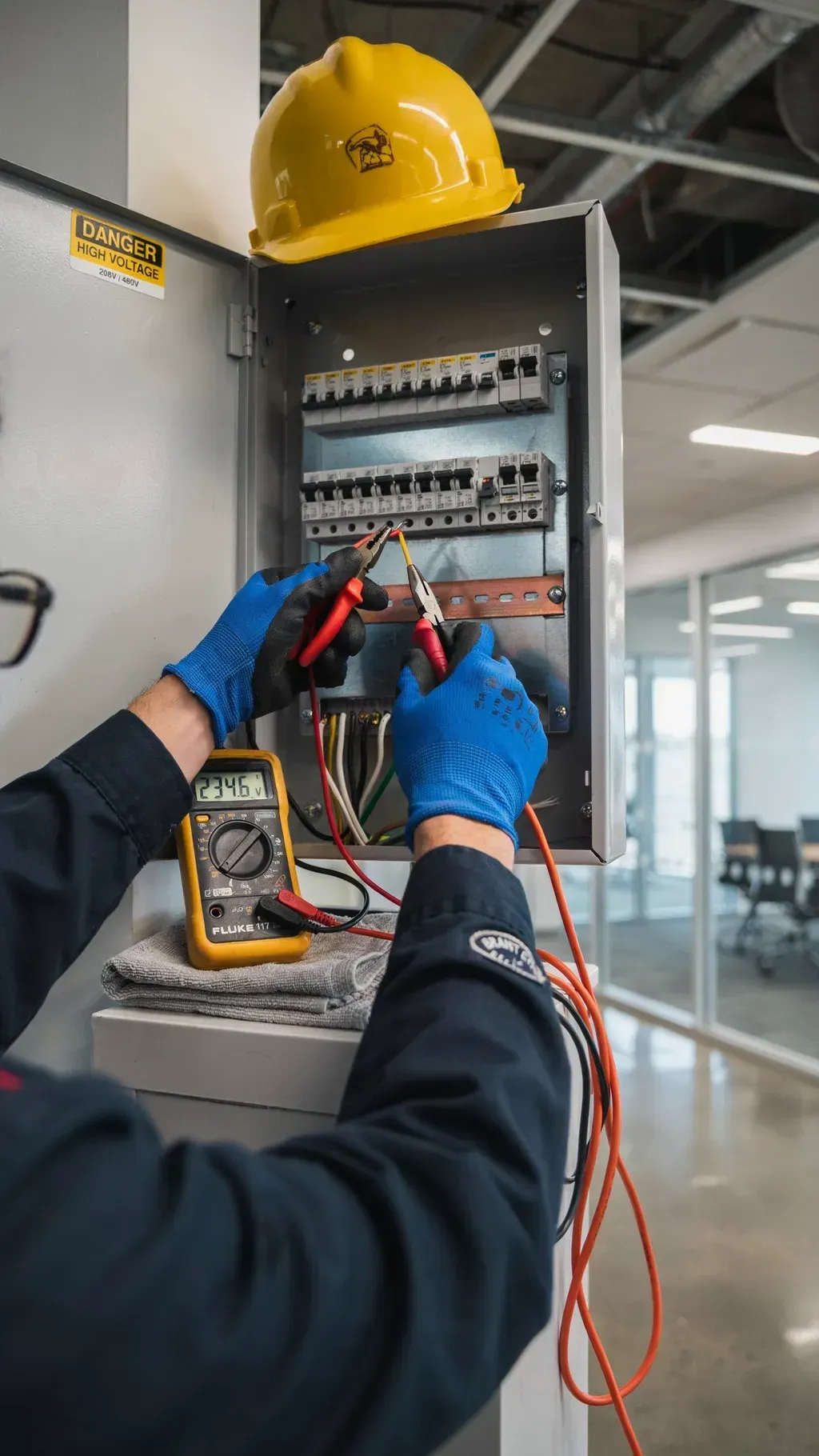 Electrician testing wiring in an open electrical panel with a multimeter, wearing blue gloves and a yellow hard hat.