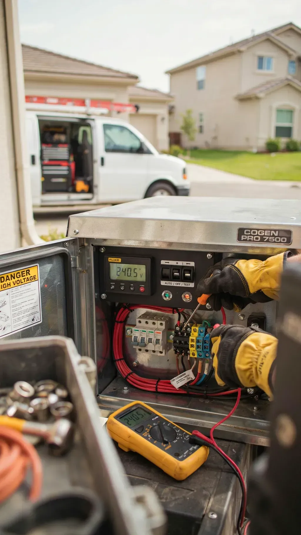 Technician working on a portable generator with testing equipment in a garage driveway.