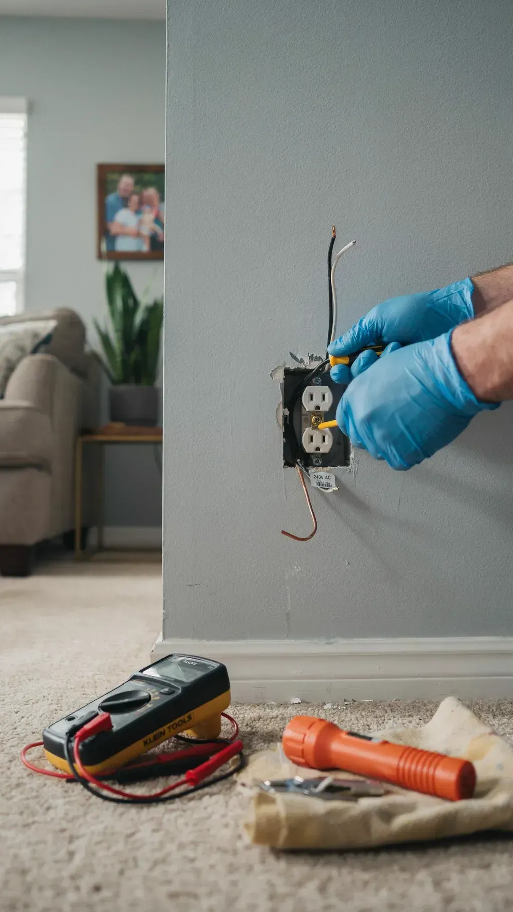 Gloved hand holds an electrical outlet on a gray wall; tools and wires lie on the floor.