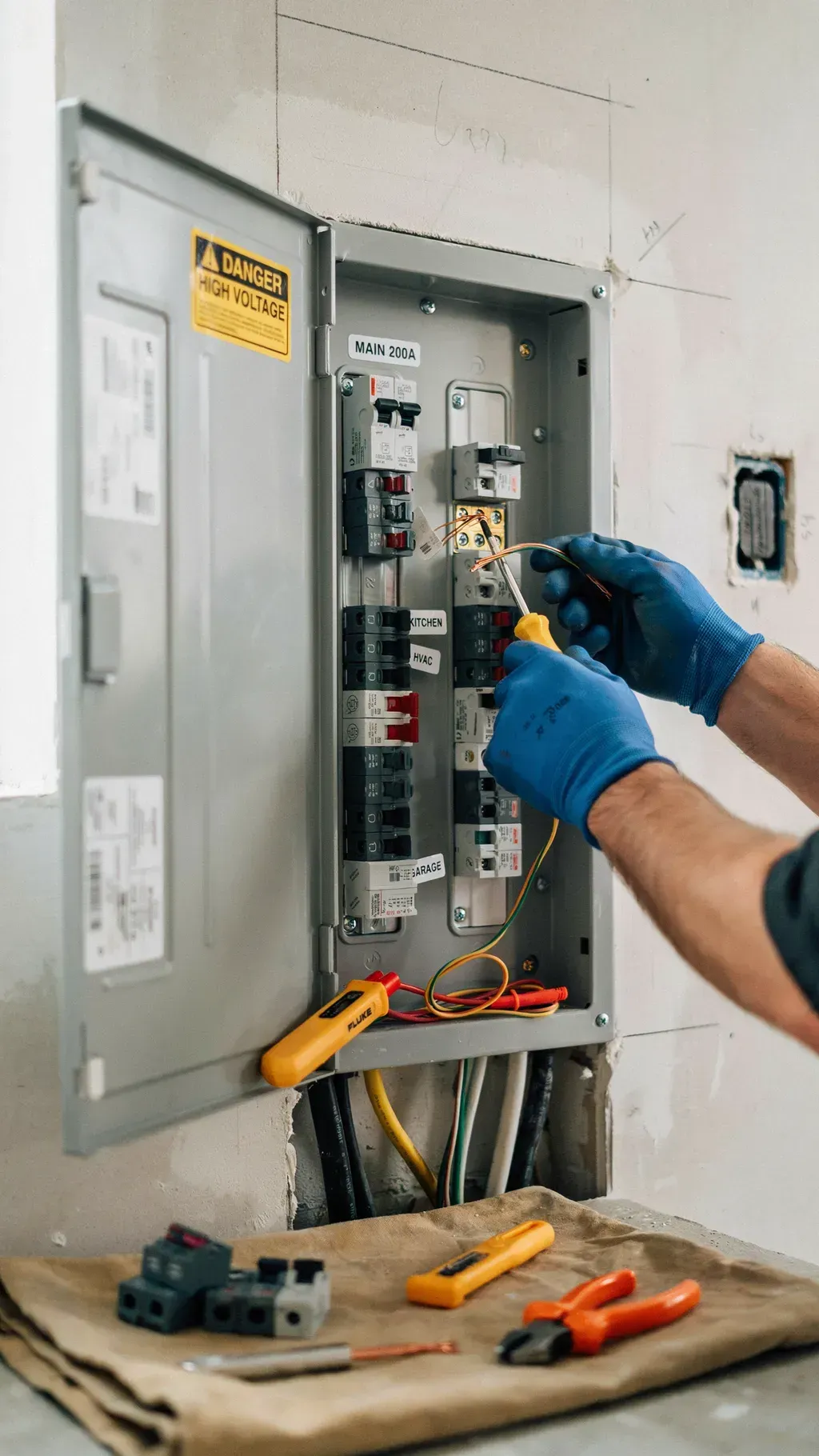 Technician wiring an open electrical panel with tools on a workbench below
