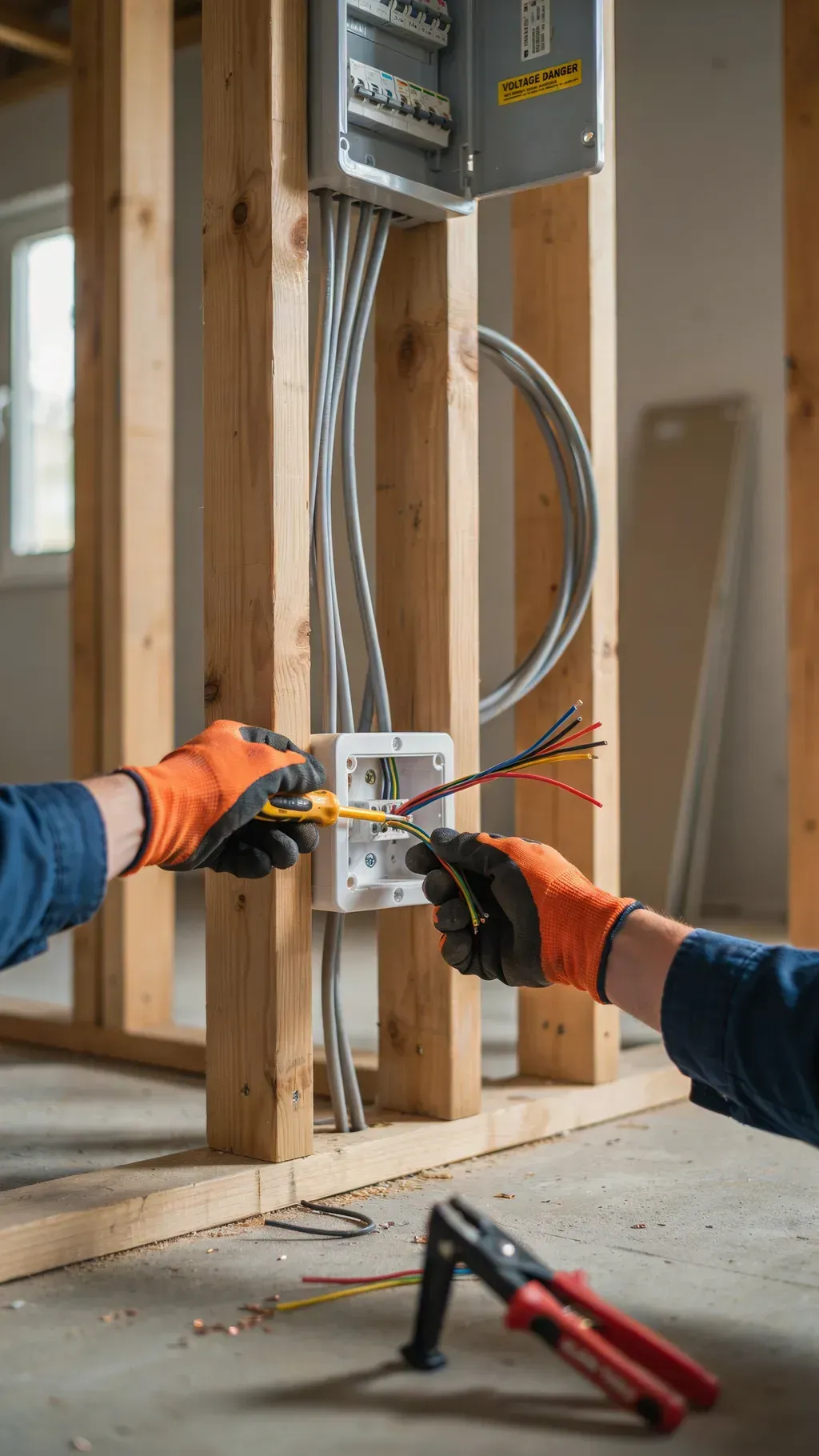 Gloved hands wiring an electrical outlet in an unfinished wall, with tools on the floor.