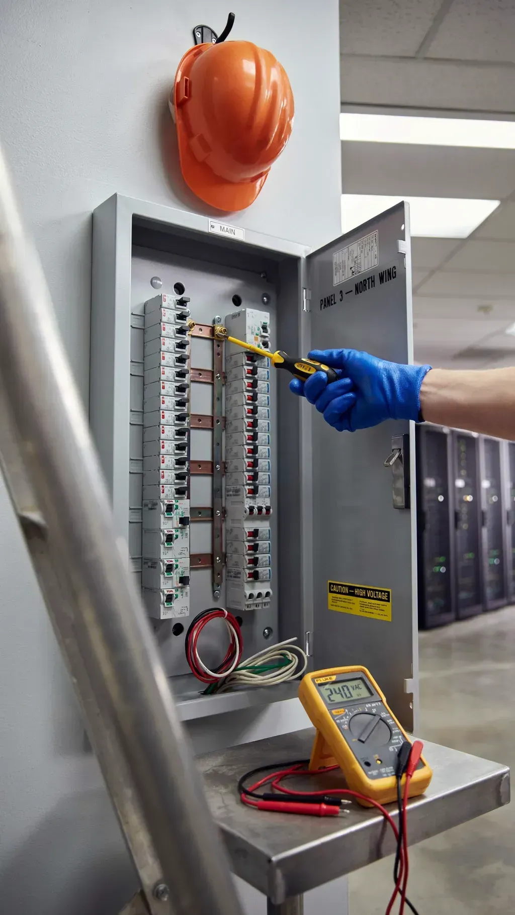 Electrician testing an open electrical panel with a multimeter, wearing blue gloves and an orange hard hat.