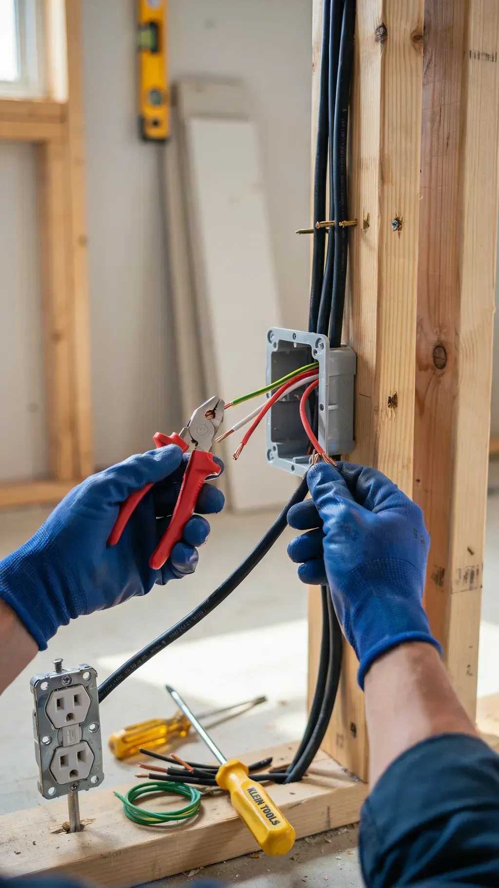 Blue-gloved electrician wiring an outlet in a wooden wall during home construction.