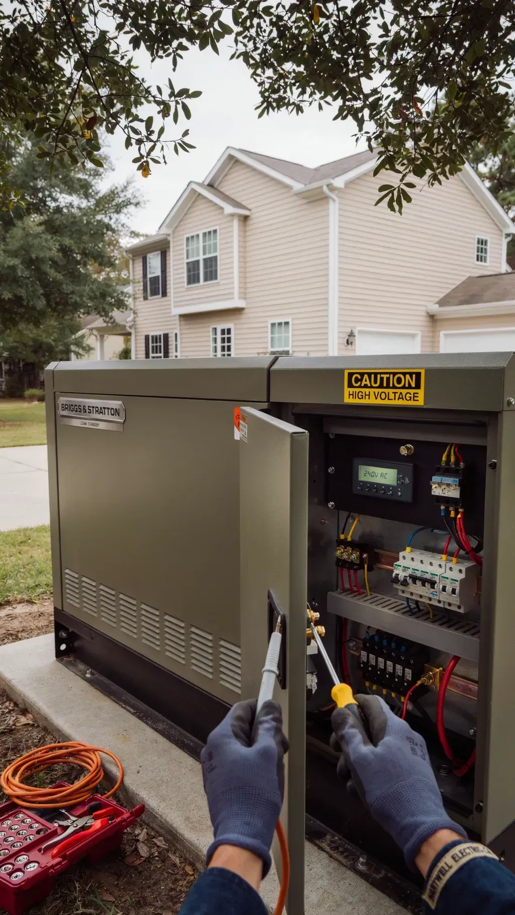 Technician working inside an open outdoor generator unit beside a suburban house, with tools and wiring visible