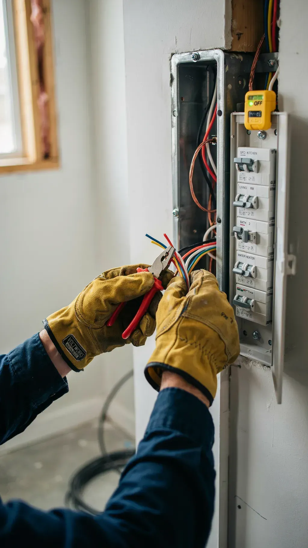 Gloved hands wiring an open electrical panel with tools in a wall-mounted breaker box
