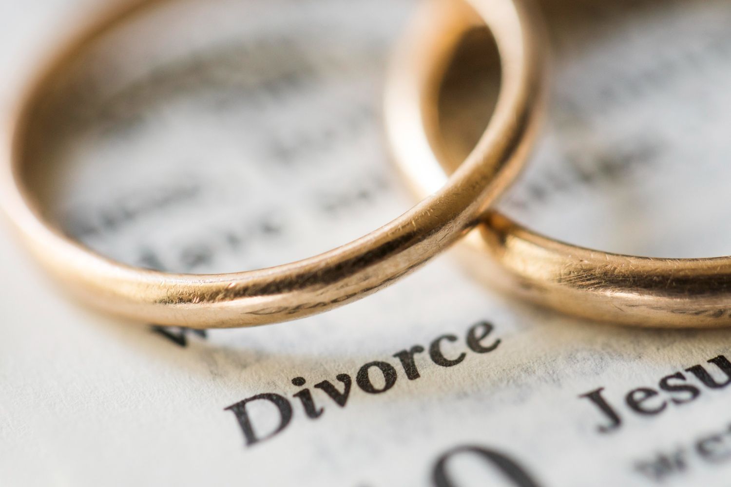 Two wedding rings are sitting on top of a bible with the word divorce written on it
