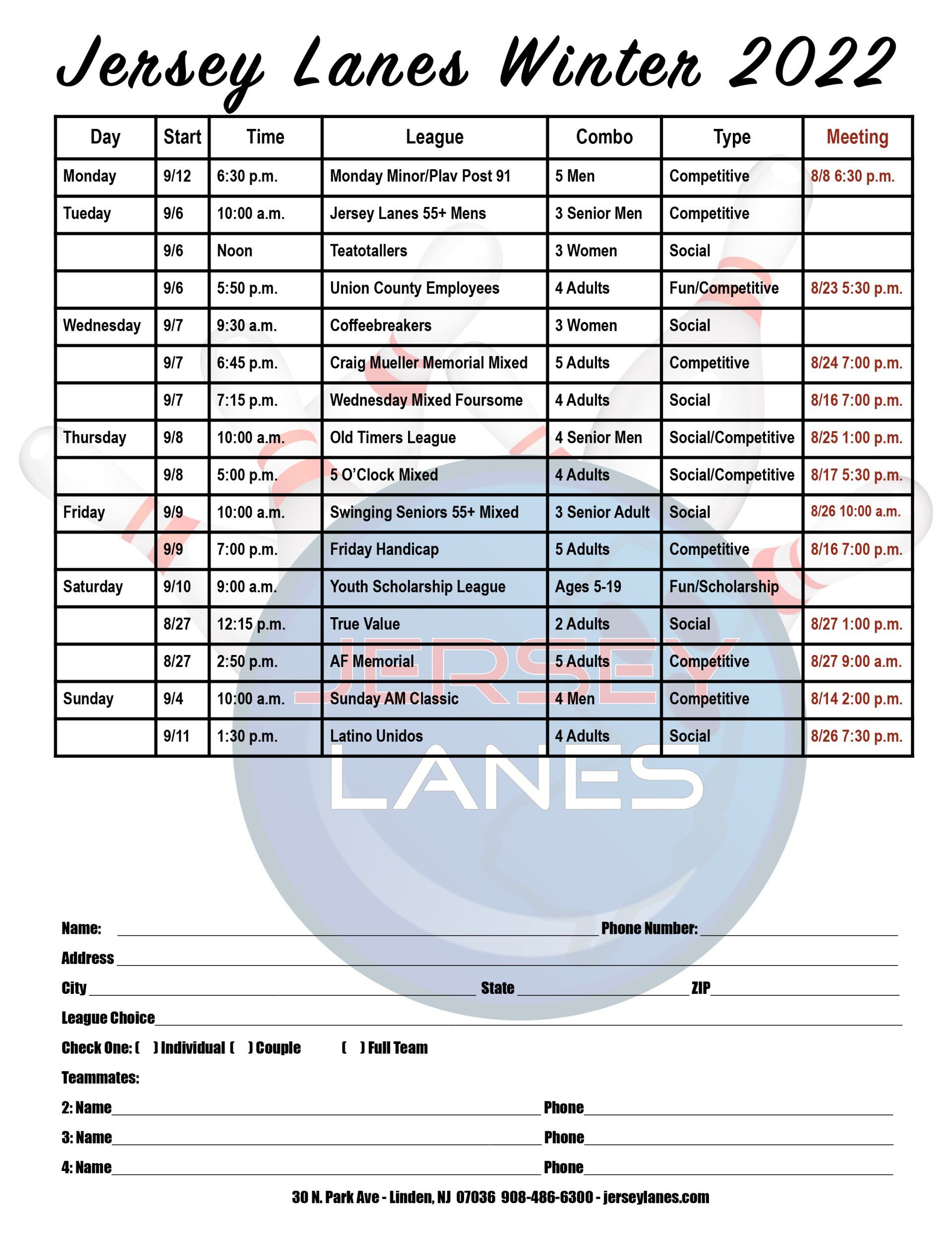 Adult Leagues Jersey Lanes