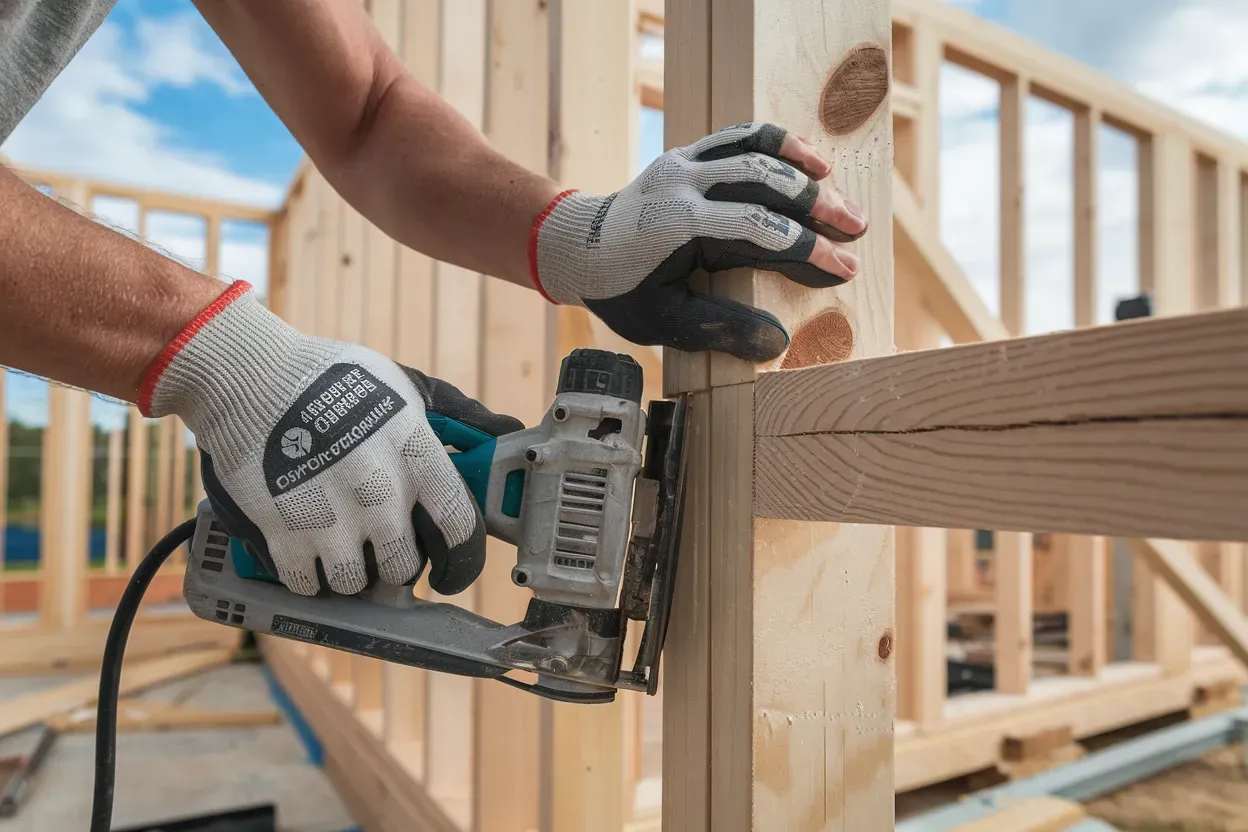 A man is using a jigsaw to cut a piece of wood.