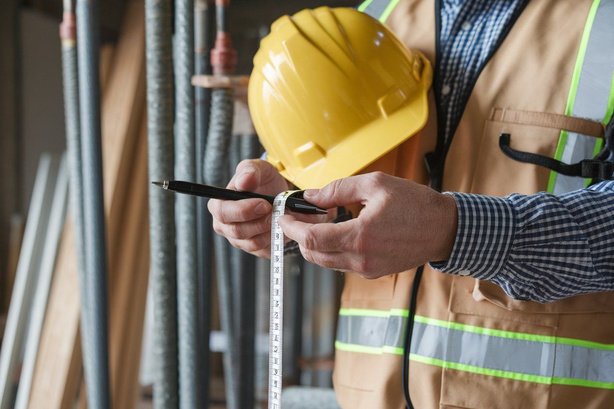 A construction worker is holding a tape measure and a hard hat.