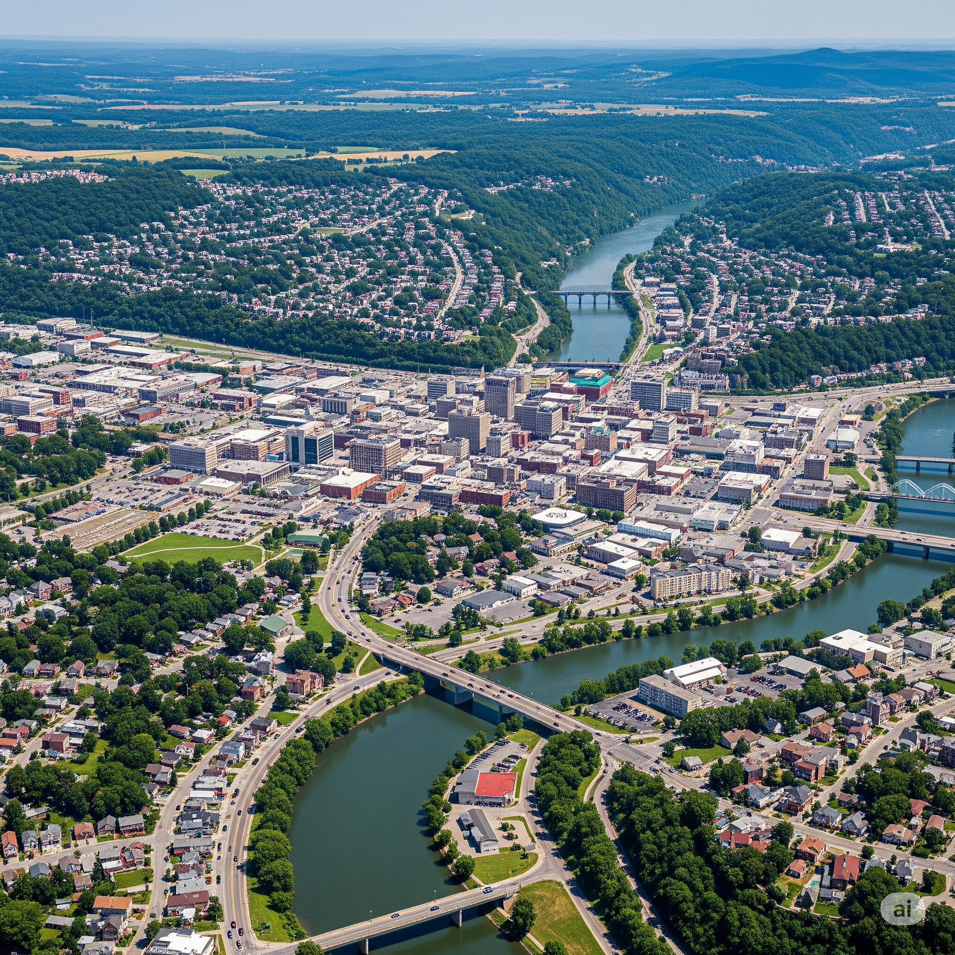 Aerial view of a city nestled in a valley with a river running through it. Bridges and buildings are visible, surrounded by lush greenery.
