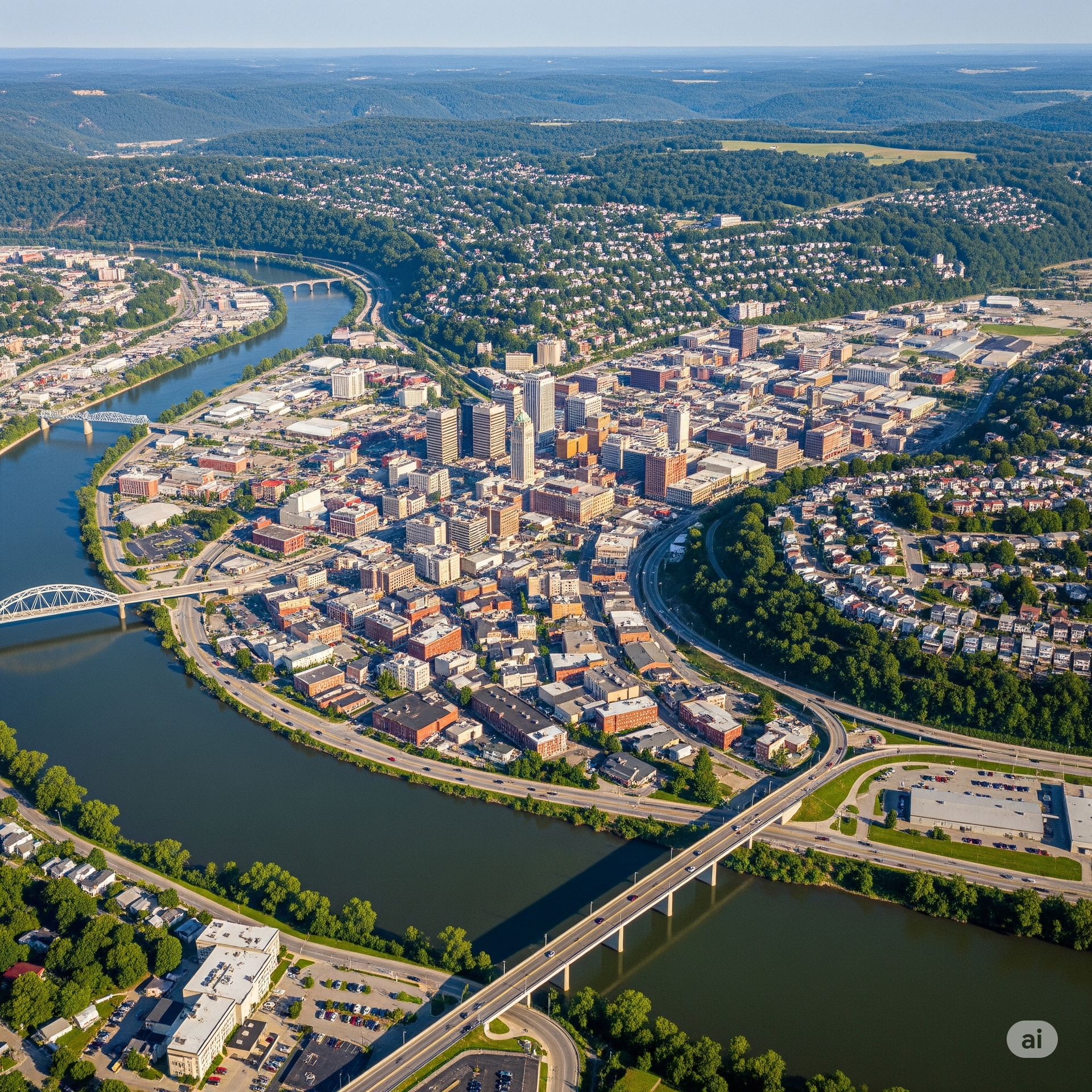 Aerial view of a city with a river winding through it. Brown buildings and a bridge are prominent, with green trees and sky in the background.