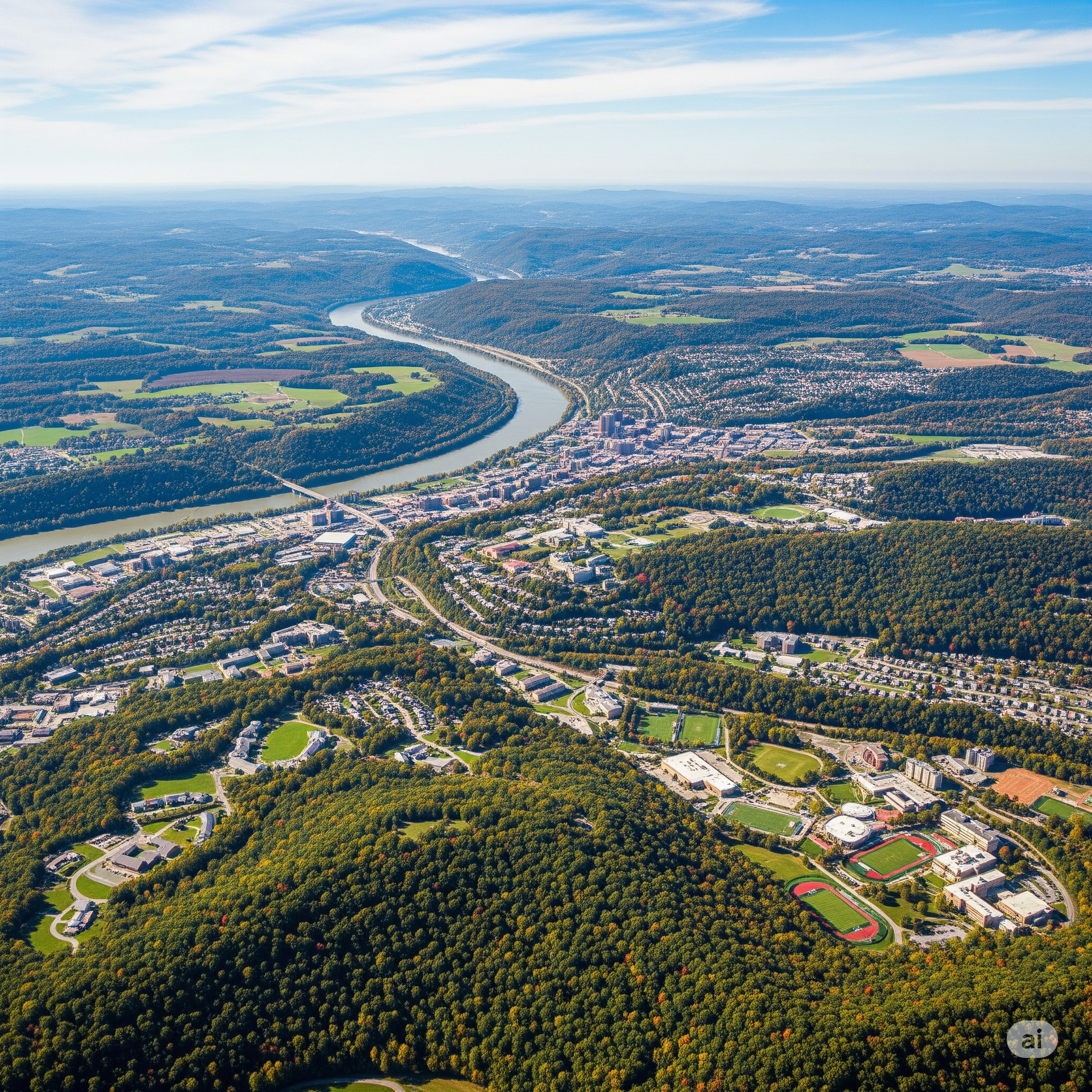 Aerial view of Morgantown, WV, with a river winding through a city surrounded by lush, forested hills and blue skies.