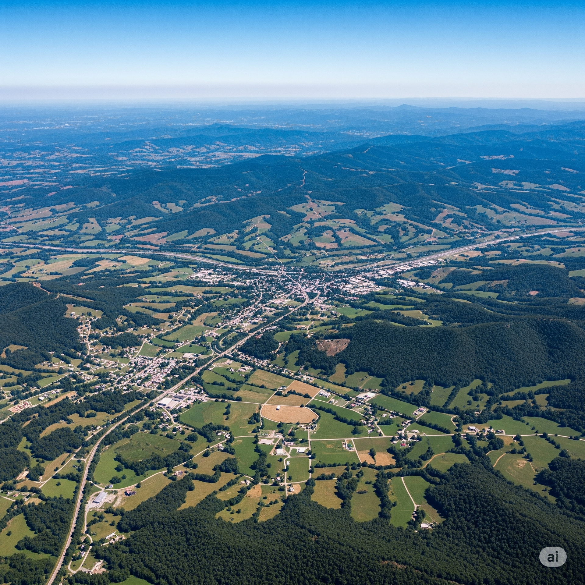 Aerial view of a small town nestled in a valley surrounded by green hills and forests under a clear blue sky.