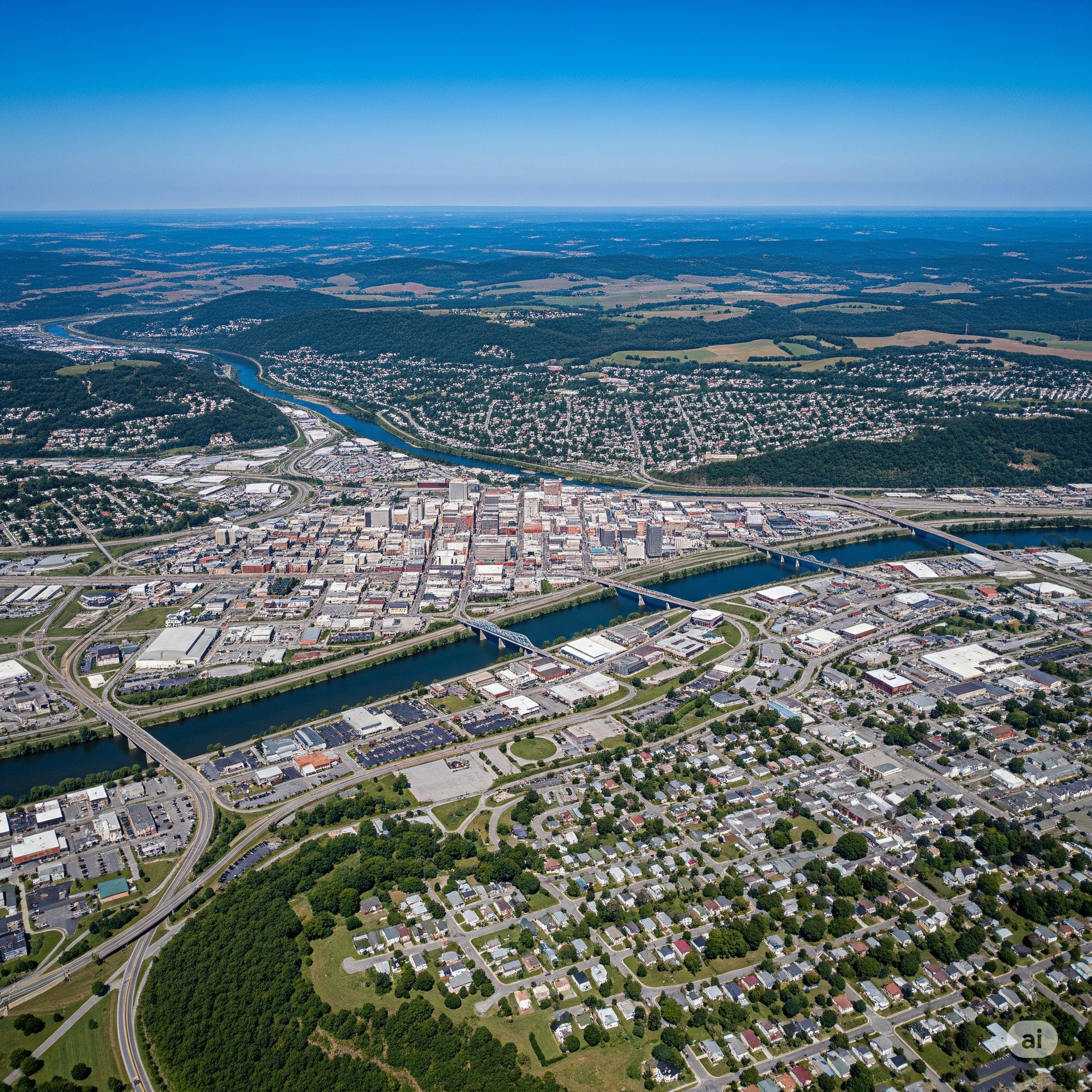 Aerial view of a city with buildings, roads, and bridges over a river, under a clear blue sky.