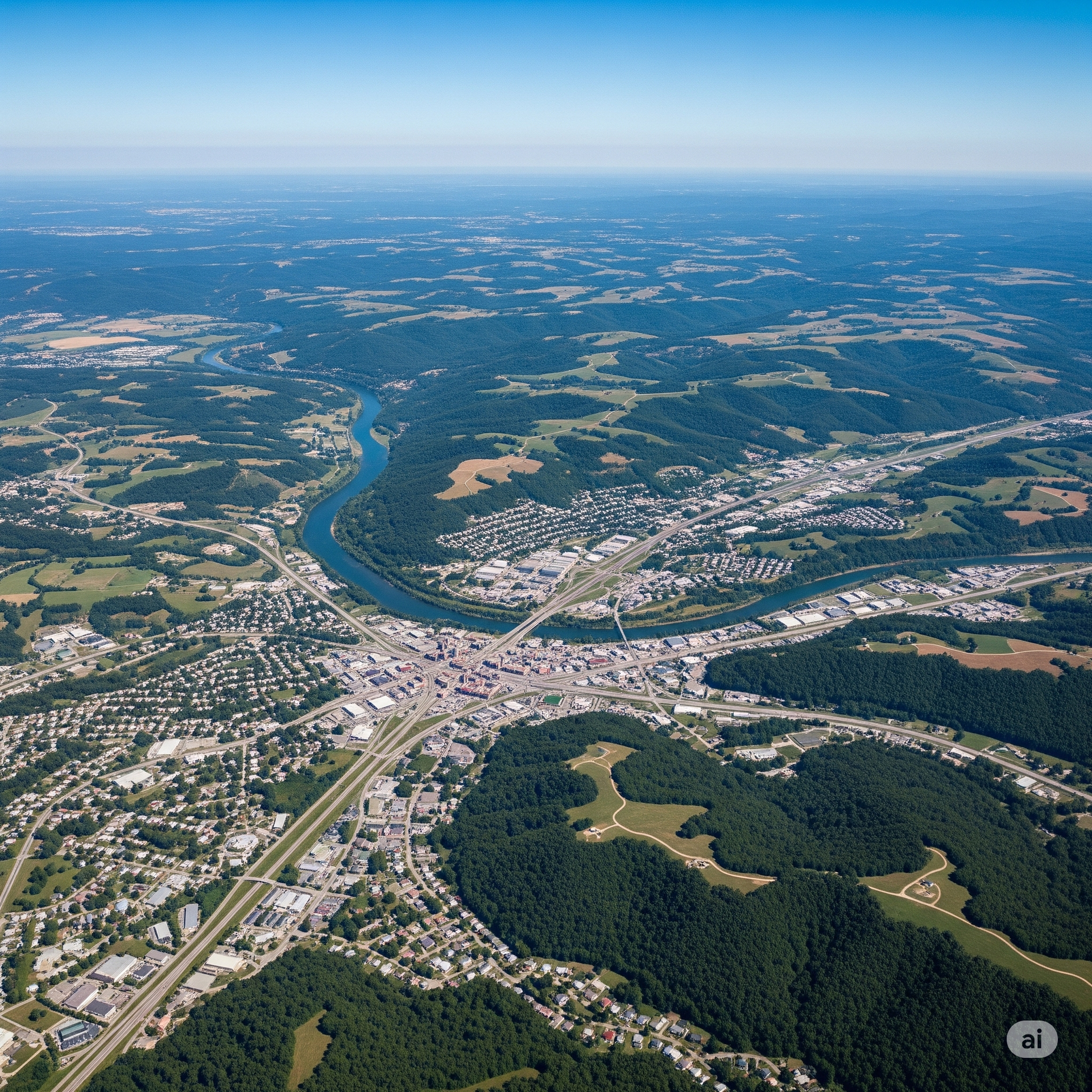 Aerial view of a city bisected by a river, surrounded by green forests and fields. A clear blue sky fills the background.