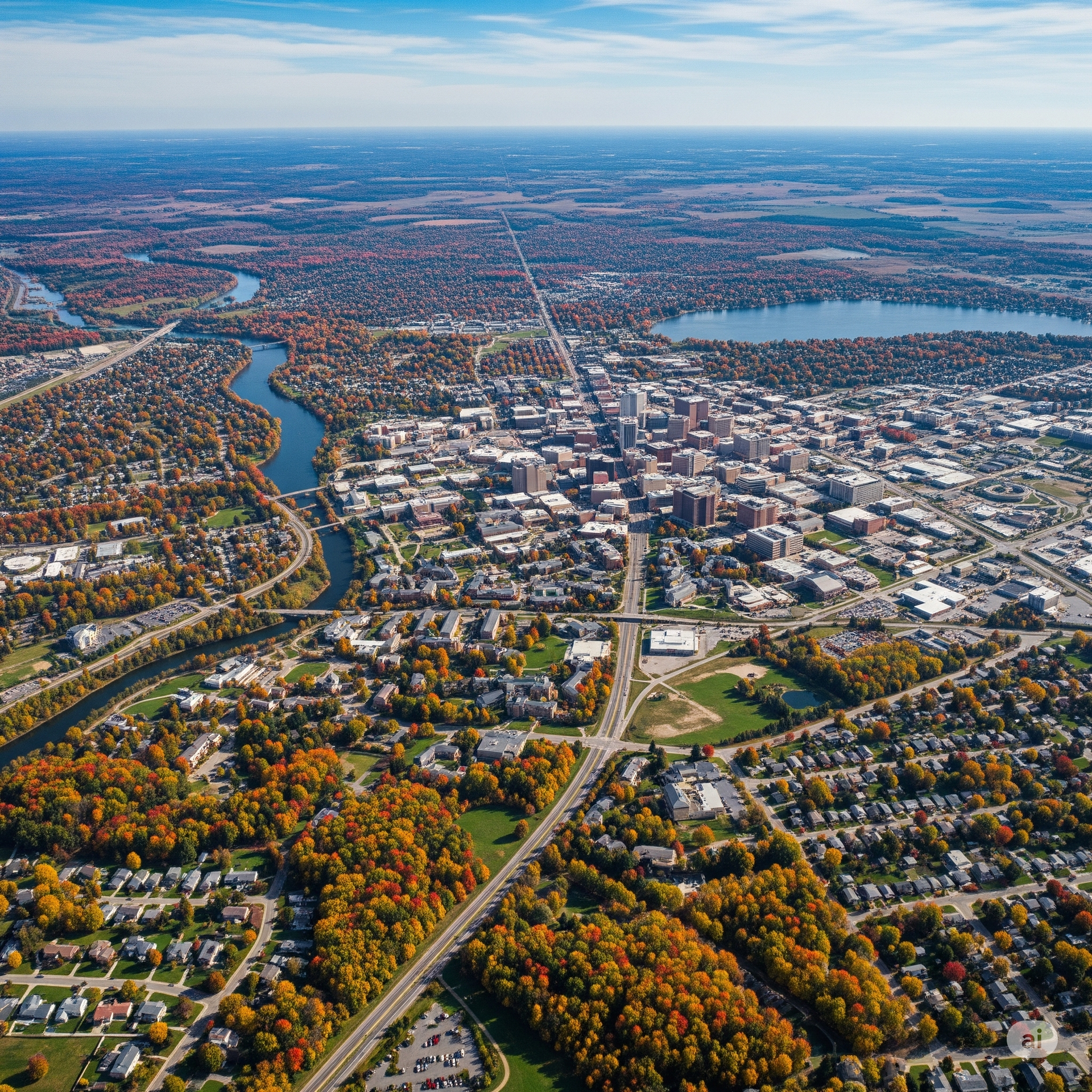 Aerial view of a city with fall foliage, a river, and a lake. Buildings fill the center, with residential areas surrounding.