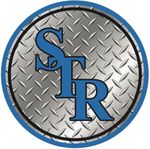 Logo of STR, blue letters on a diamond plate background within a blue and black circle.
