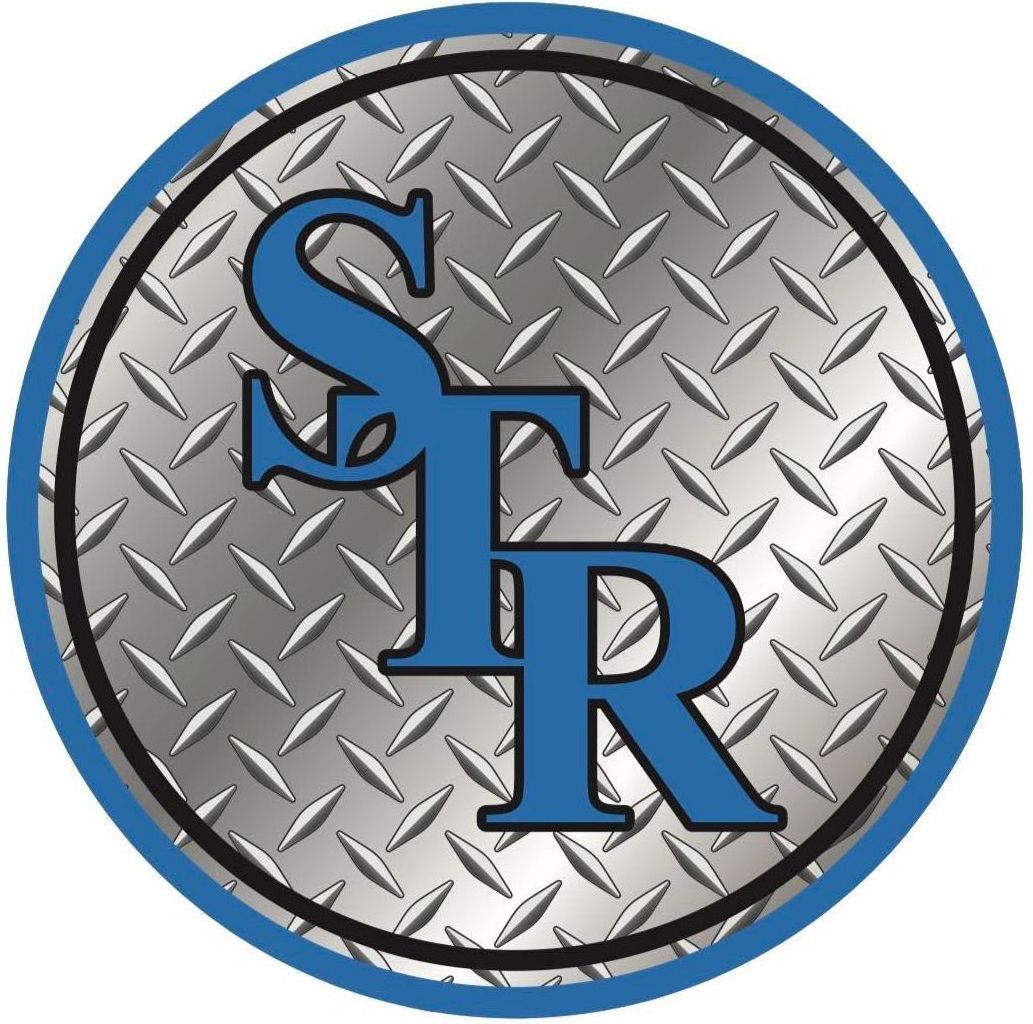 Logo of STR, blue letters on a diamond plate background within a blue and black circle.