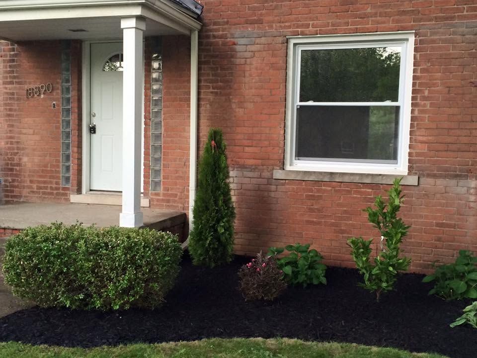 Brick house front entry with white door, window, and neatly landscaped shrubs and mulch garden bed.