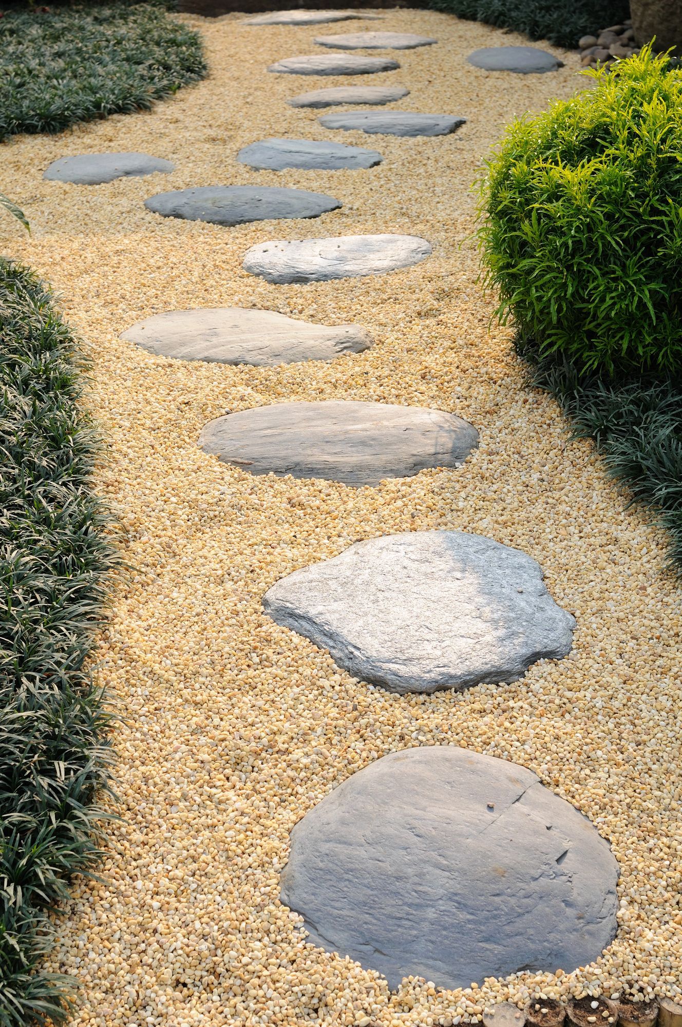 Curving gravel garden path with large flat stepping stones between trimmed green shrubs