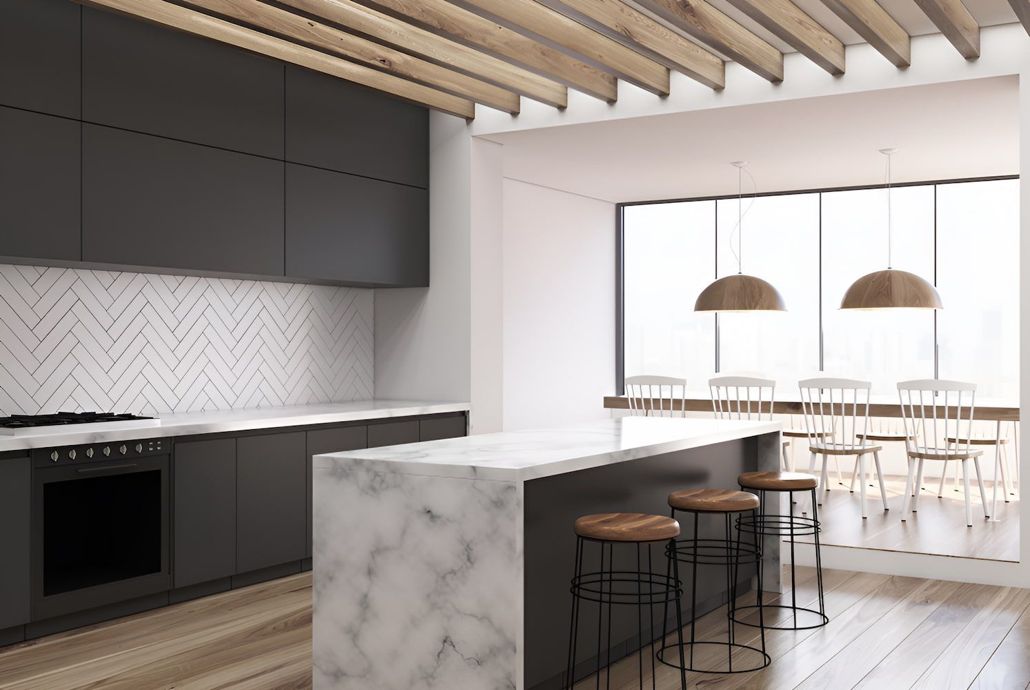 A Kitchen With A Marble Counter Top , Stools , And A Large Window — Stone Theory In Queanbeyan West, NSW