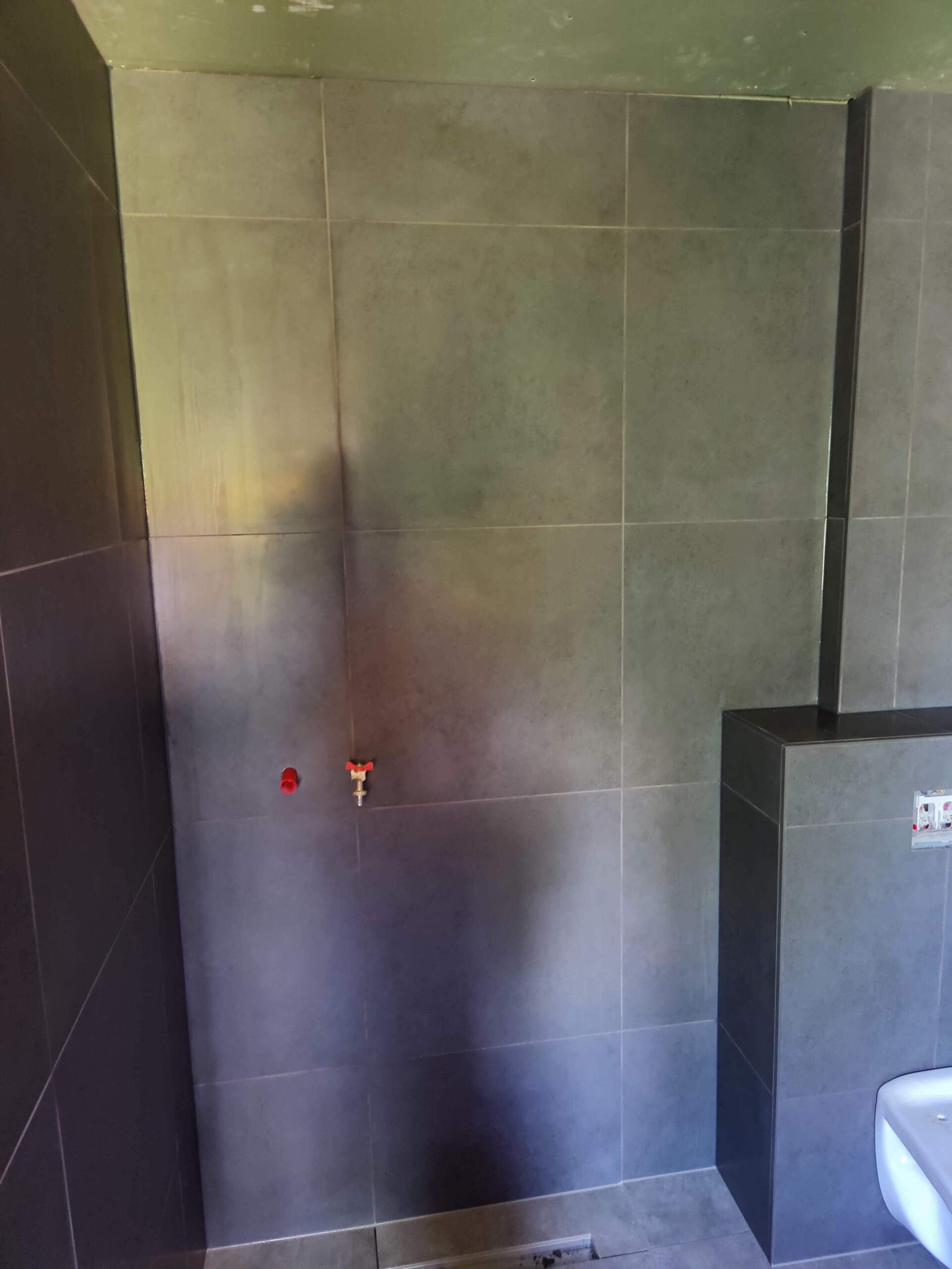 A bathroom with a sink and a shower stall.