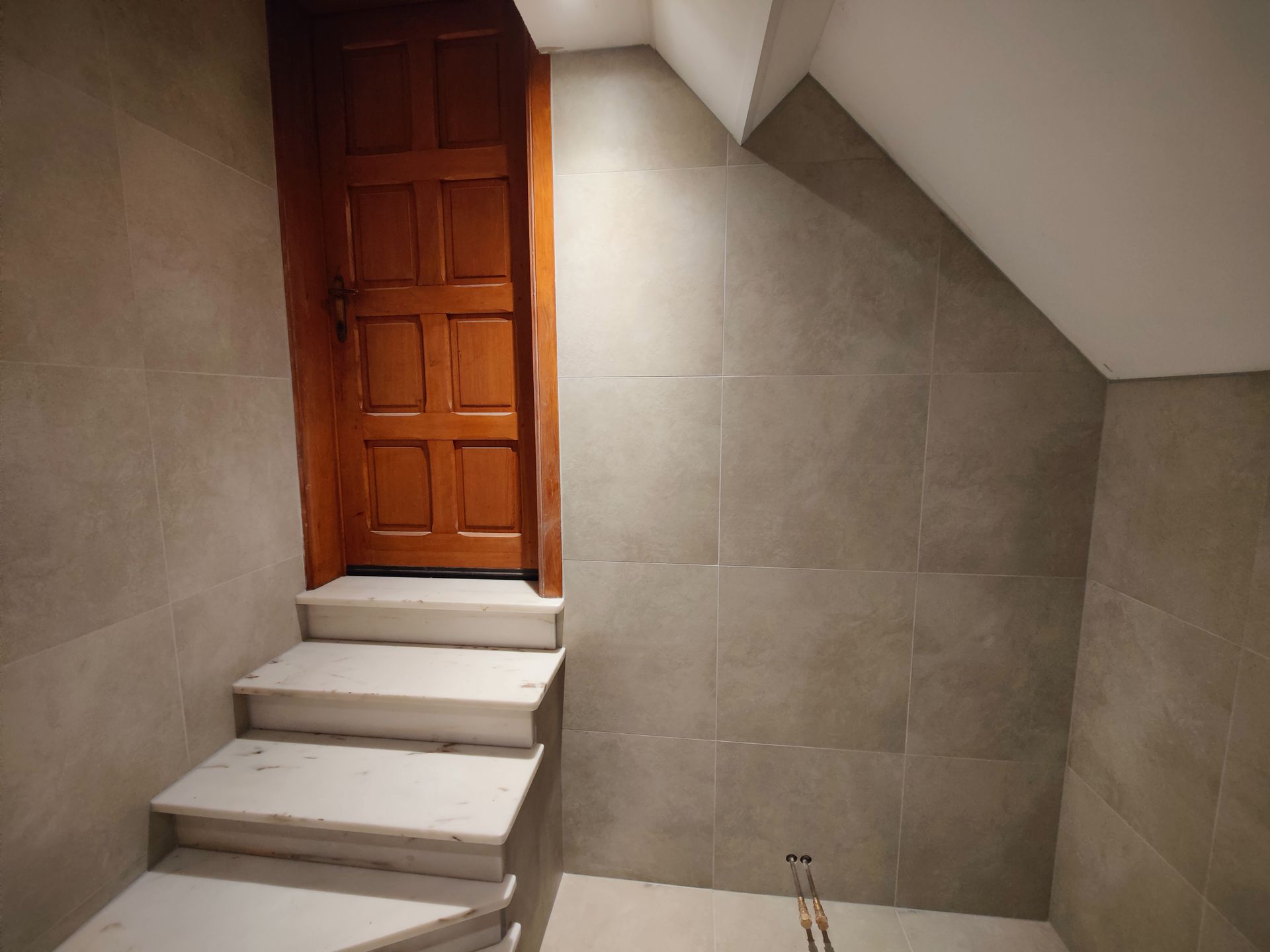 A set of stairs leading up to a wooden door