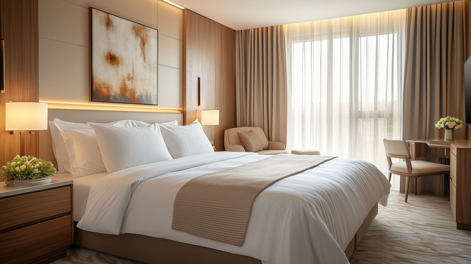 A hotel room with a king size bed and a large window.