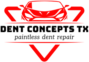 Logo for Dent Concepts TX, showing a red car, text, and a triangle shape.