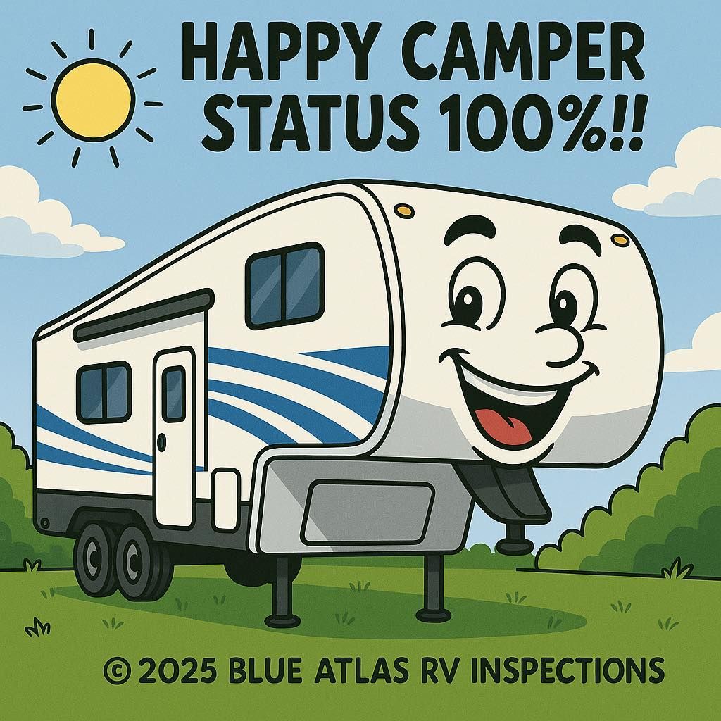 Happy RV with a smiling face, text reads Happy RV with a smiling face, text reads