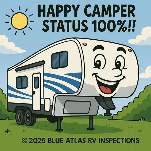Happy RV with a smiling face, text reads Happy RV with a smiling face, text reads