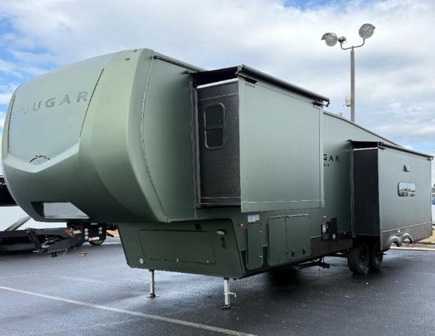 Dark gray fifth-wheel trailer,