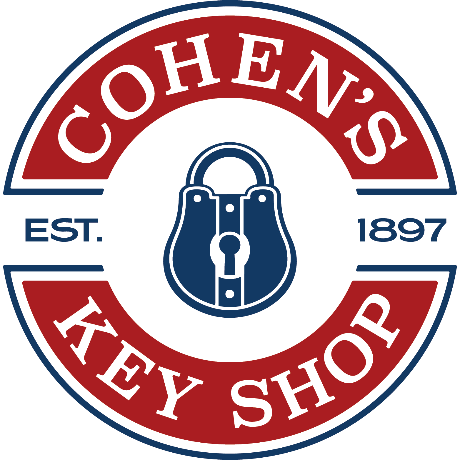 Logo for Cohen's Key Shop: white oval with lock, key, and text "Cohen's Key Shop" since 1897.