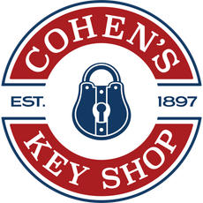 Logo for Cohen's Key Shop: white oval with lock, key, and text "Cohen's Key Shop" since 1897.