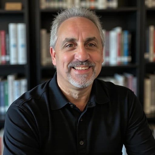 Man with salt-and-pepper hair and beard smiles, wearing a black shirt, in a library with bookshelves.