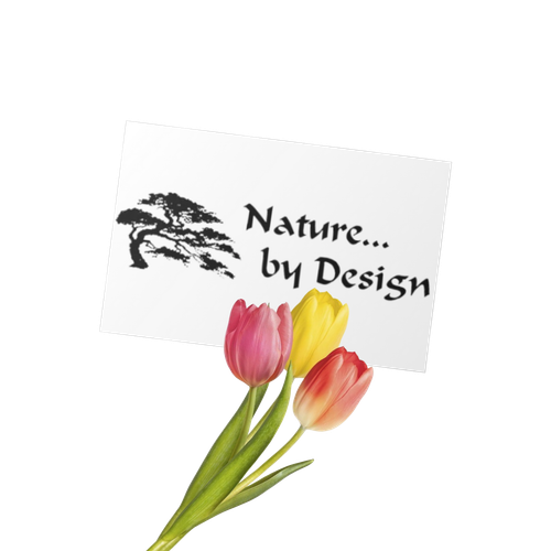 Nature... by Design logo with black text and tulip flowers in pink, yellow, and peach.