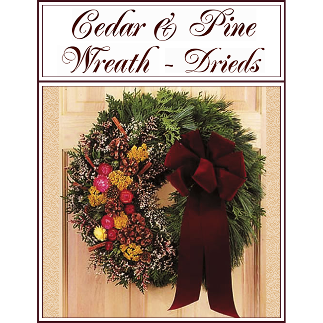 Cedar and Pine wreath with dried flowers and burgundy bow on a cream door-background card