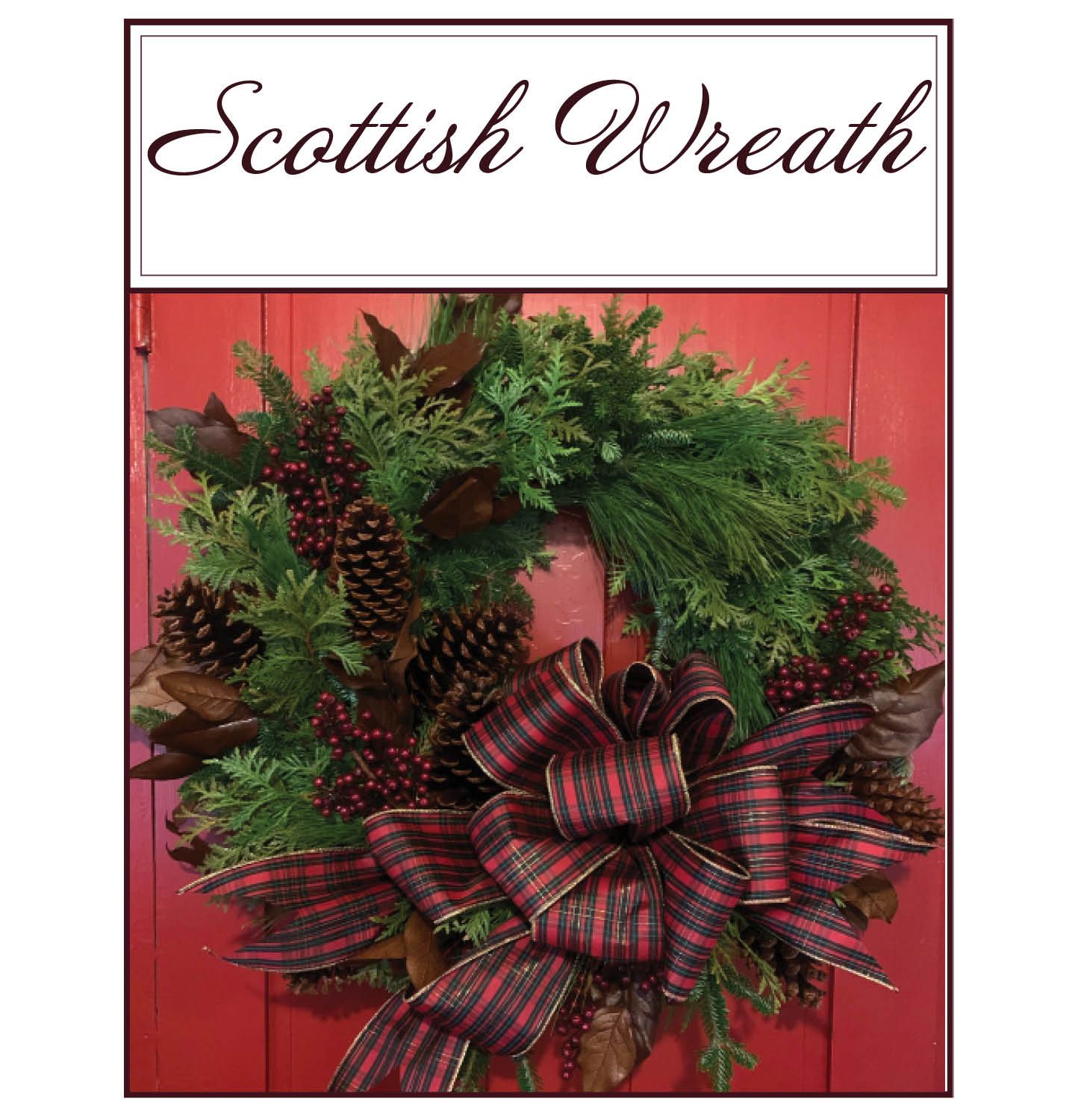 Scottish wreath with plaid bow, pinecones, and berries on a red door