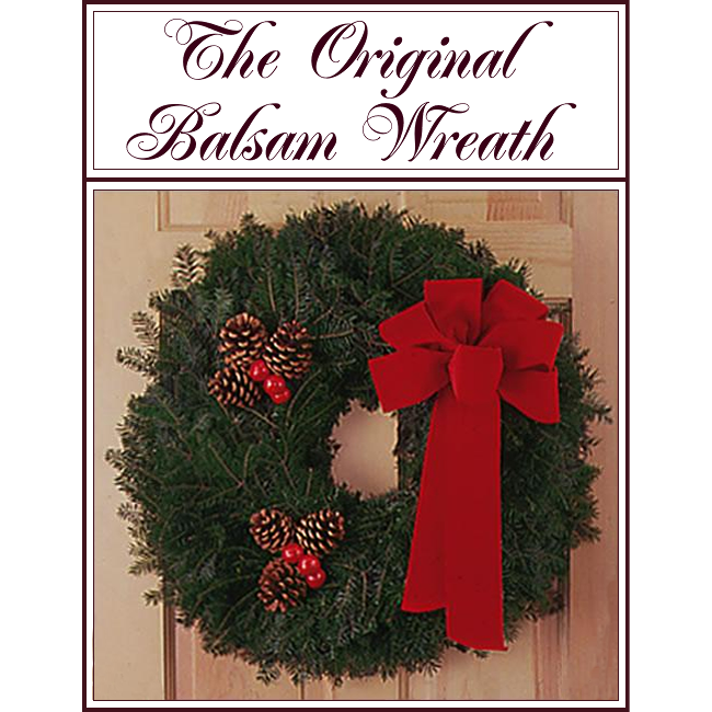 Christmas wreath with red bow and pinecones on a door, labeled “The Original Balsam Wreath”