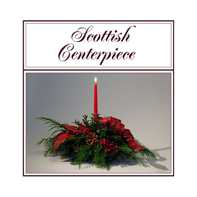 Scottish Centerpiece with red candle and festive greenery